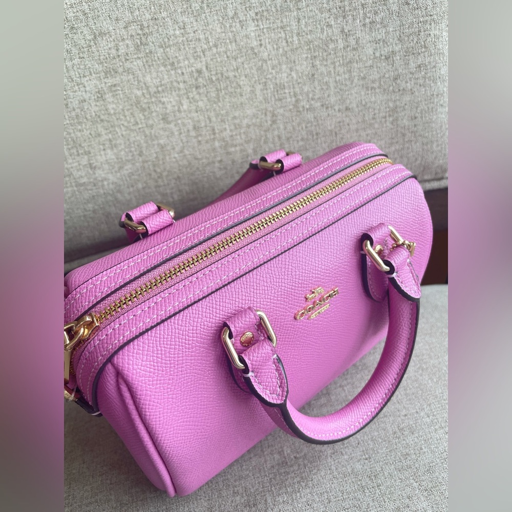 NWT!COACH MINI ROWAN CROSSBODY BAG(COACH CV404)GOLD/FUCHSIA fast shipping - Picture 4 of 7